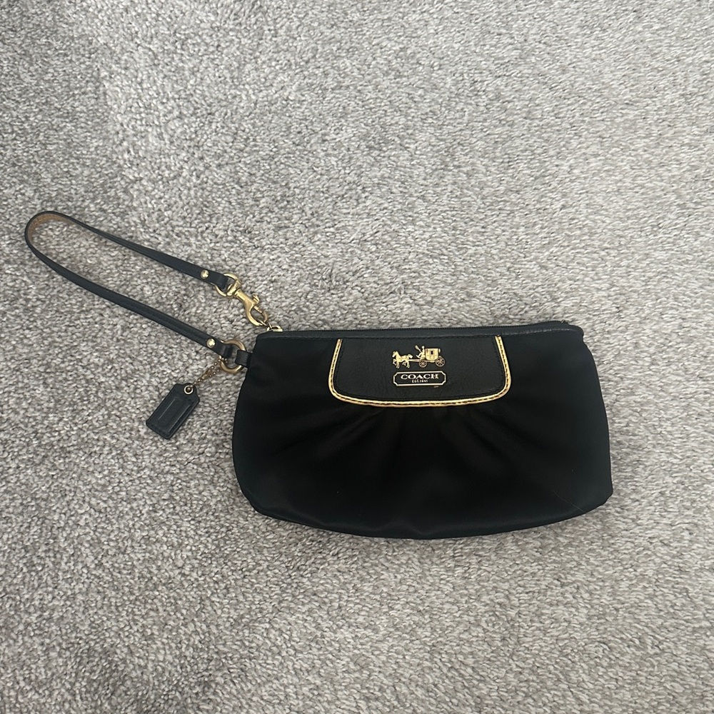 Coach Black Satin Wristlet with Gold Trim